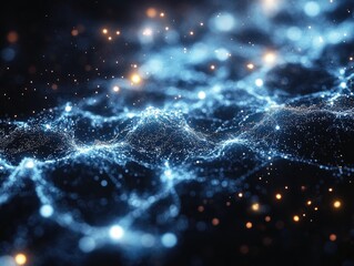 Abstract Digital Universe with Glowing Blue Particles & Light Networks: 3D Rendered Tech Background for Data Visualization, Sci-Fi Concepts, or Neural Connection Visuals. High-Resolution Cosmic Patter