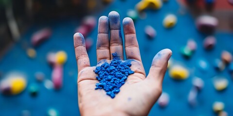 A hand holding a handful of blue powder