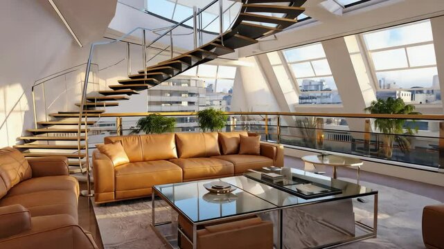 Contemporary Penthouse Mansarde with Stairs. motion video.