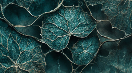 Intricate, dark turquoise leaves create an abstract botanical pattern.