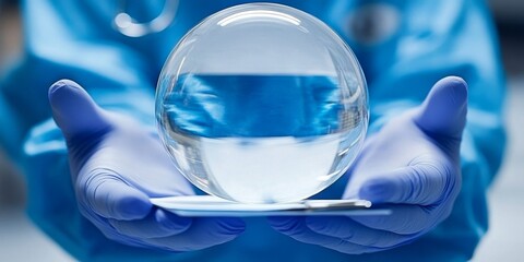 A person is holding a clear glass ball in their hands