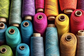 Vibrant display of colorful spools of thread neatly arranged. Each spool showcases a unique hue, creating a visually appealing pattern ideal for textile and crafting themes