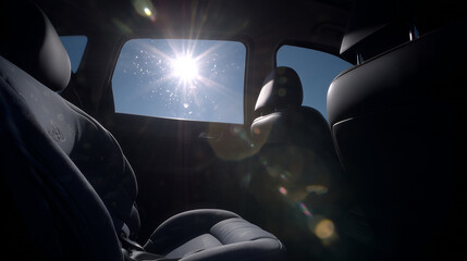 晴天の空と強烈な直射日光が差し込む車内の様子。乗員がいなくても、短時間で高温化するリスクがあり、車内放置事故や熱中症予防を喚起する素材として適しています。