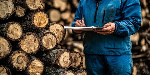A man is standing in front of a pile of logs, writing on a clipboard