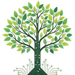 Obraz premium Digital illustration of a vibrant tree with circuit board roots and branches, conceptually blending environmental nature with advanced technology, symbolizing sustainable tech and green innovation