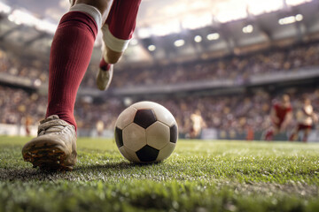 Fototapeta premium A dynamic football scene with a player mid-kick, showing worn cleats and a soccer ball about to be struck Background suggests a stadium crowd, natural bright lighting, no texts or dist - AI-Generated