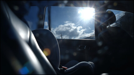 晴天の下、チャイルドシートを備えた車内に直射日光が差し込む構図。外気温が高くなくても車内は急激に高温になる可能性があり、車内放置の危険性を訴える内容に適した一枚です。