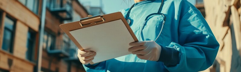 A woman in a blue scrubs is holding a clipboard