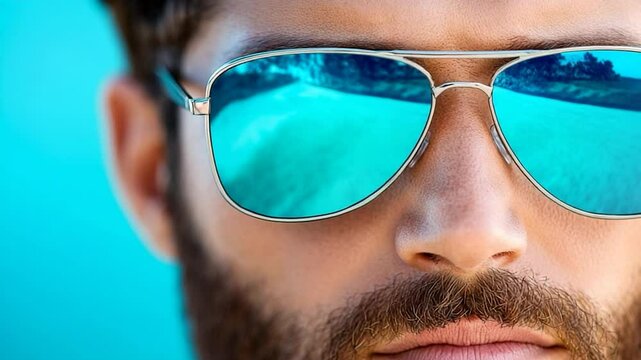 Stylish Man Wearing Aviator Sunglasses with Teal Mirrored Lenses