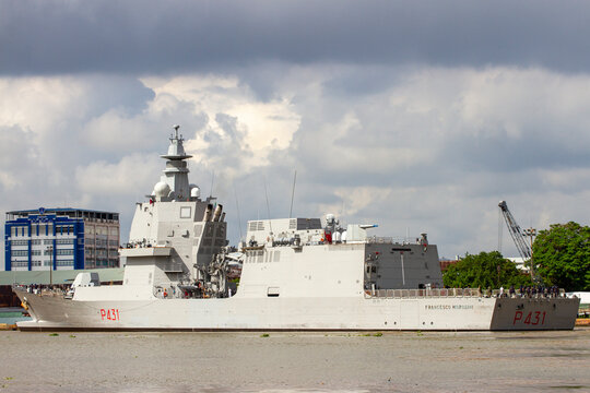 Ho Chi Minh City, Vietnam - May 12, 2023 : Francesco Morosini (P431) Offshore Patrol Vessel Of Docked At Saigon Harbor. Francesco Morosini Is The Second Ship Of The Thaon di Revel Class.