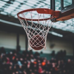 A basketball is in the net of a basketball hoop