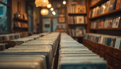 Vintage record store interior. Rows of vinyl records albums, with bokeh of album art in background. Shelves packed with various music genres. Warm, nostalgic scene creates cozy atmosphere.