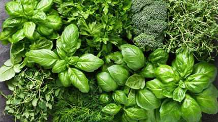 A vibrant assortment of fresh herbs and greens on a stone surface.