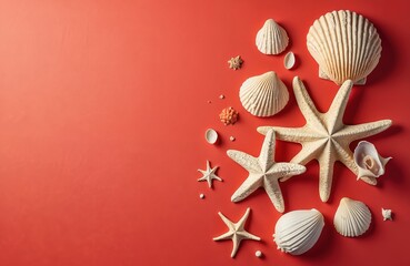 Flat lay composition featuring starfish seashells on red table with copy space. Top view composition perfectly for summer holidays, vacation, travel, beach concept. Perfect for advertising,