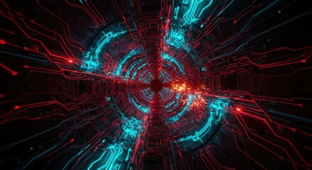 Abstract futuristic digital tunnel with glowing blue and red circuitry, depicting energy flow and technology - electricity background