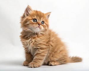 Cute one British tabby kitten, young domestic cat isolated on a white background, sitting and looking adorable