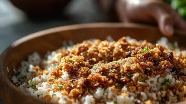 Farofa being sprinkled over rice and beans