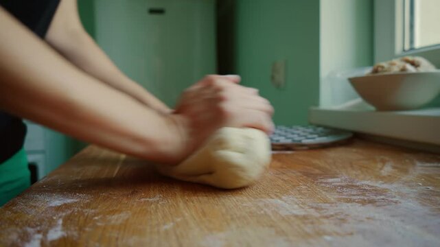 Woman shaping dough into smooth ball on wooden surface. Female forming dough carefully into rounded shape on floured table. Lady finishing preparation of dough by molding it into even and compact form
