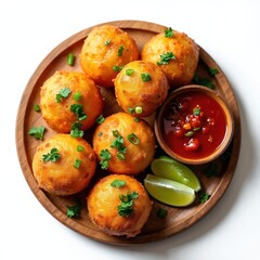 Top view of tasty Gol Gappe on wooden plate with red chutney sauce lime. Crispy fried snack. Spicy appetizer, indian food. Vegetarian dish, homemade snack, delicious meal for lunch or dinner.
