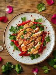 Top View Chinese New Year Chicken with Chili & Cilantro on Wood: Festive Food Photography with Natural Lighting & Floral Decor for Recipe Blogs or Restaurant Branding.