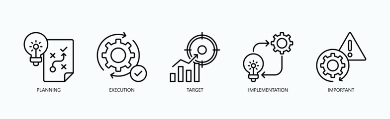 Strategic Operations Icon Set Isolated Vector With Icon Of Planning, Execution, Target, Implementation, Important In Outline Style