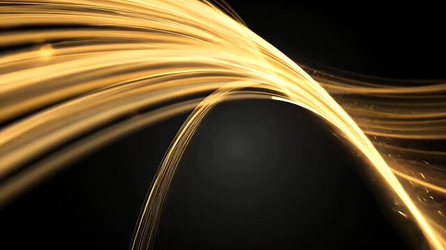 Golden arc light trails flowing smoothly on black background with fluid wave effect. Motion concept