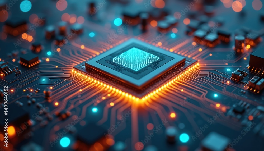Poster close-up of central processing unit, cpu. computer chip with intricate circuits, glowing lights, blu