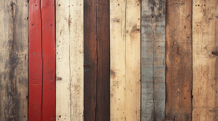 A rustic wood background featuring a variety of colored planks.