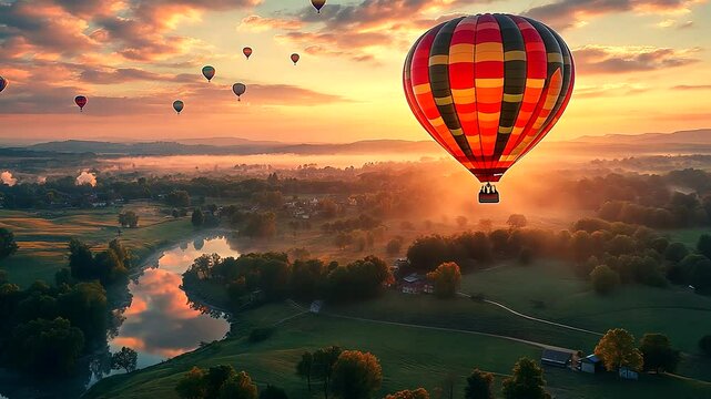 Colorful hot air balloons soaring over a serene landscape at sunrise, reflecting on a river