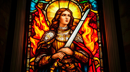 Fototapeta premium Stained glass window depicting joan of arc with sword and flames in a church setting view