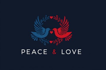 Obraz premium Vintage logo design with 'PEACE & LOVE' typography, embracing birds and heart surrounded by flowers in retro style, deep blue harmony.