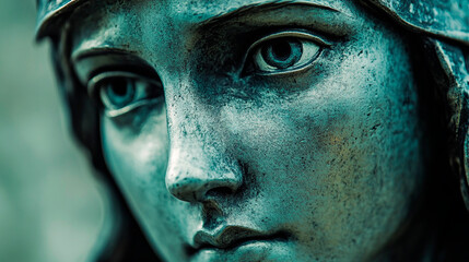 Obraz premium Close up of a weathered statue face with blue eyes and a headdress looking downwards intently