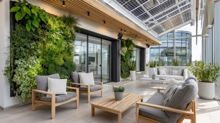 Fototapeta premium Modern office terrace with solar panels and vertical garden providing relaxing environment