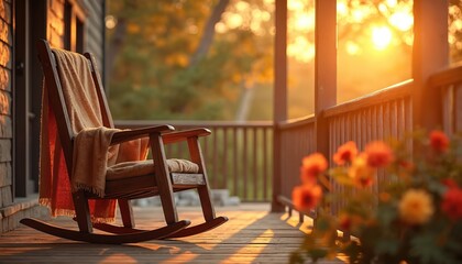 Wooden rocking chair porch covered with blanket. Peaceful autumn scene in golden sunset. Cozy porch, warm home atmosphere with flowerbed in soft focus. Relaxation, comfort, nature. Perfect for social