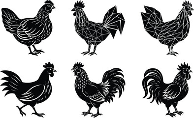 Silhouette of Rooster and chicken hen vector icon set illustration on white background. Chicken Logo icon set design concept. good for rooster restaurant and chicken farm. vector illustration


