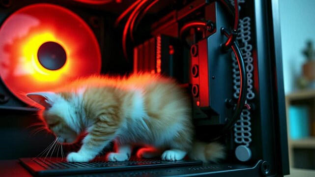 Curious kitten explores inside open PC case and pushes reset button, navigating through wires and fans