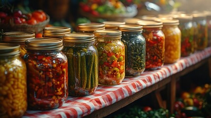 Variety of preserved vegetables in jars