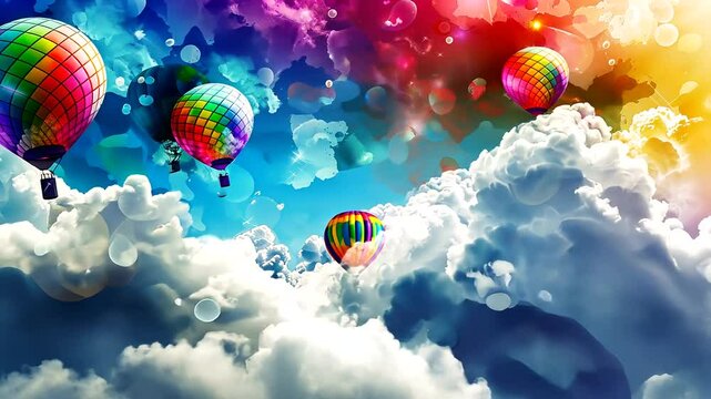 Colorful hot air balloons soaring through a vibrant sky filled with clouds and abstract patterns