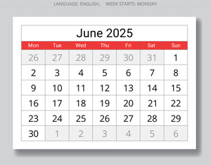 2025 june calendar. A vector collection of English monthly page calendars. Design Monday start