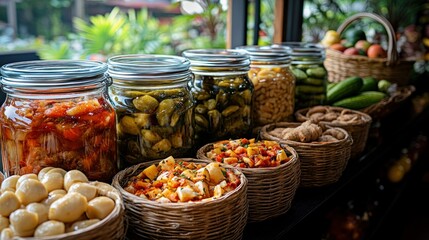 Variety of preserved vegetables in glass jars and baskets