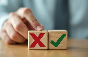 Fototapeta na wymiar Hand pushing red cross mark to choose cancellation item. Approve or reject business document concept. Choosing between right wrong decisions with yes or no choices. Business or personal selection.