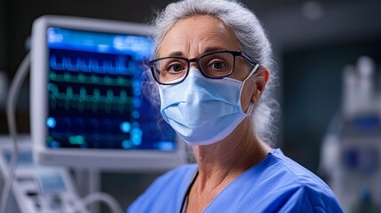 Nurse is wearing a surgical mask and glasses while working with a vital signs monitor in a clinical environment.