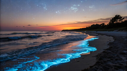 Bioluminescent Waves Lapping Sandy Shoreline Under Night Sky at Sunset