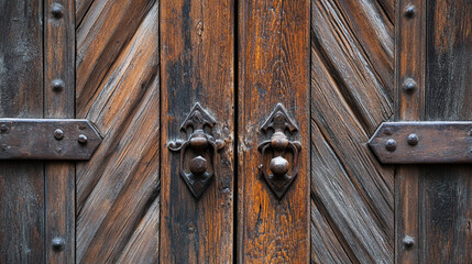 Close-up of a rustic wooden door with decorative handles.