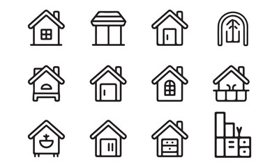 Fototapeta premium This image features a set of black line art icons depicting various house styles, including homes, sheds, and outbuildings on white