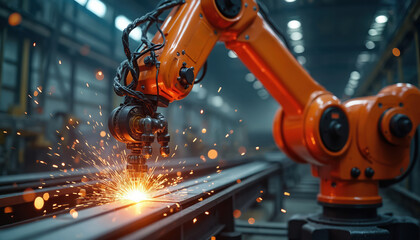 Orange robotic arm welding metal parts in modern industrial factory. Sparks flying during automated manufacturing process. Robotics automation, Industry 4. 0 tech in production, future of industrial