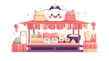 Obraz premium Colorful animated food market stall showcasing sushi, rice balls, and snacks with festive decor