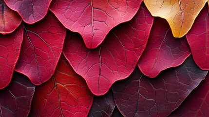 A close-up view of layered red and maroon leaves, showcasing texture.