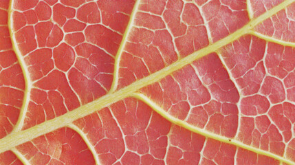 A close-up of a vibrant red leaf showcasing intricate vein patterns.