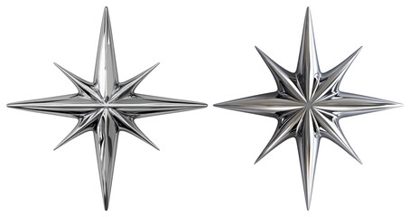 PNG Two metallic star-shaped 3D objects with sharp points element set on transparent background.